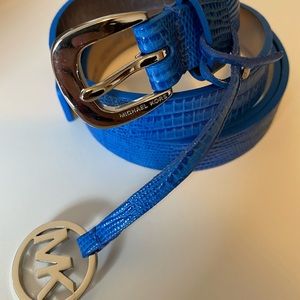 Michael Kors’ blue leather belt with MK logo